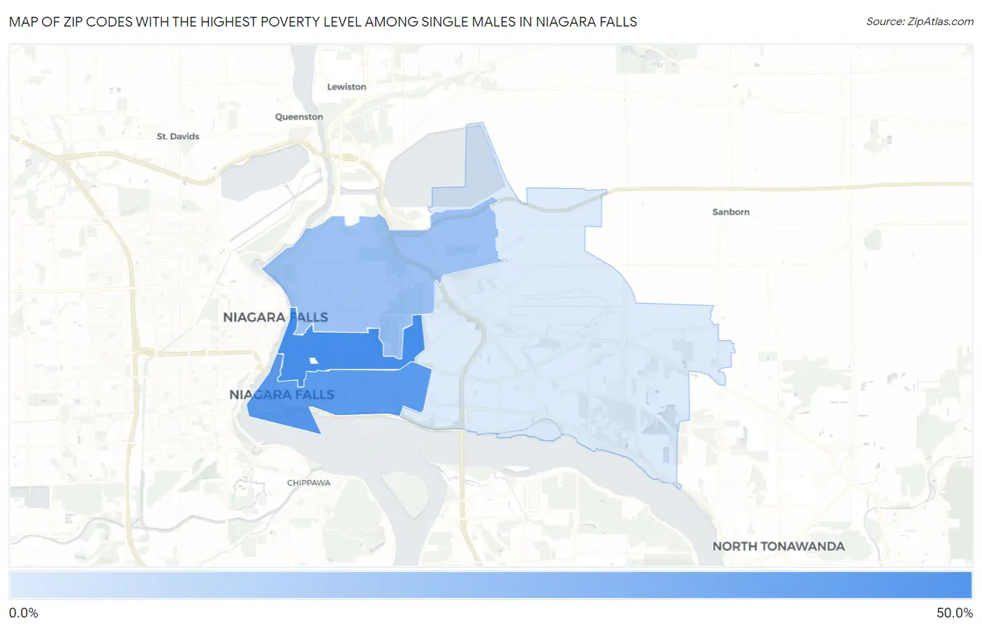Zip Codes with the Highest Poverty Level Among Single Males in Niagara Falls Map