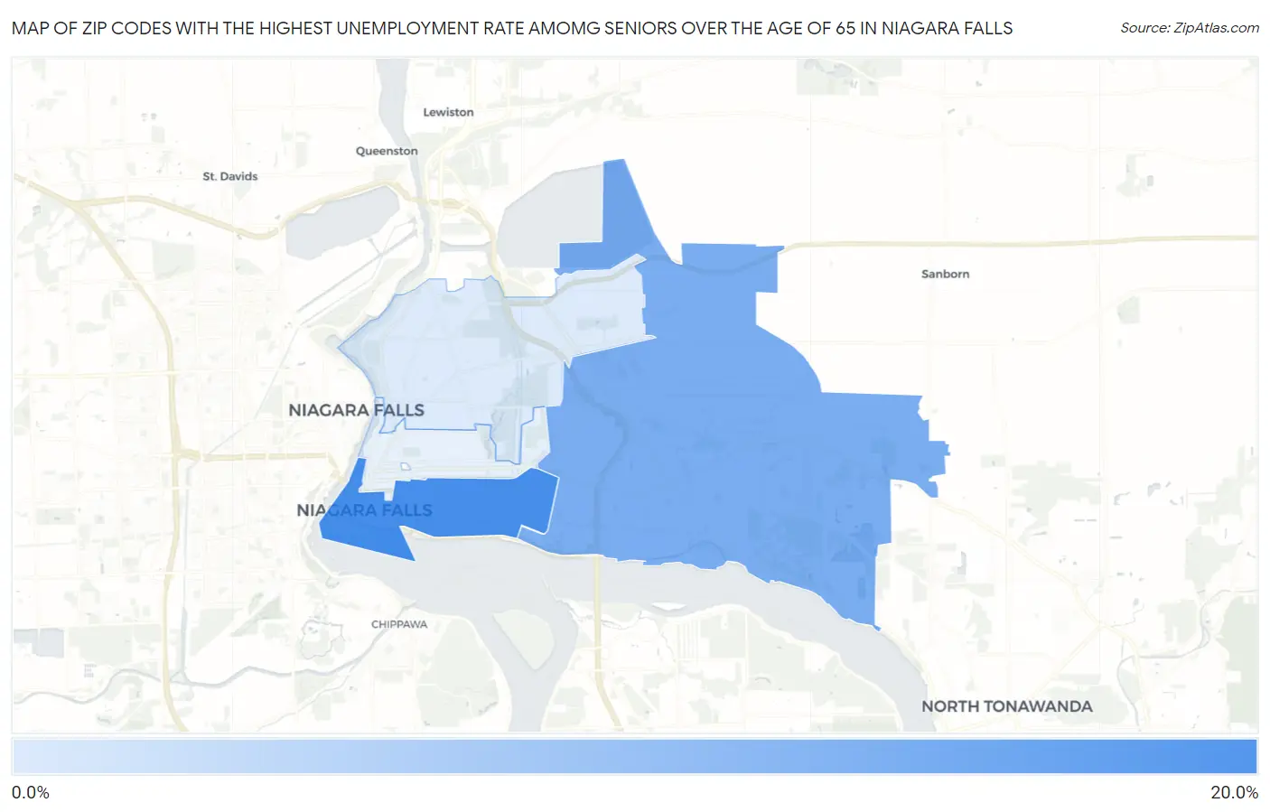 Zip Codes with the Highest Unemployment Rate Amomg Seniors Over the Age of 65 in Niagara Falls Map
