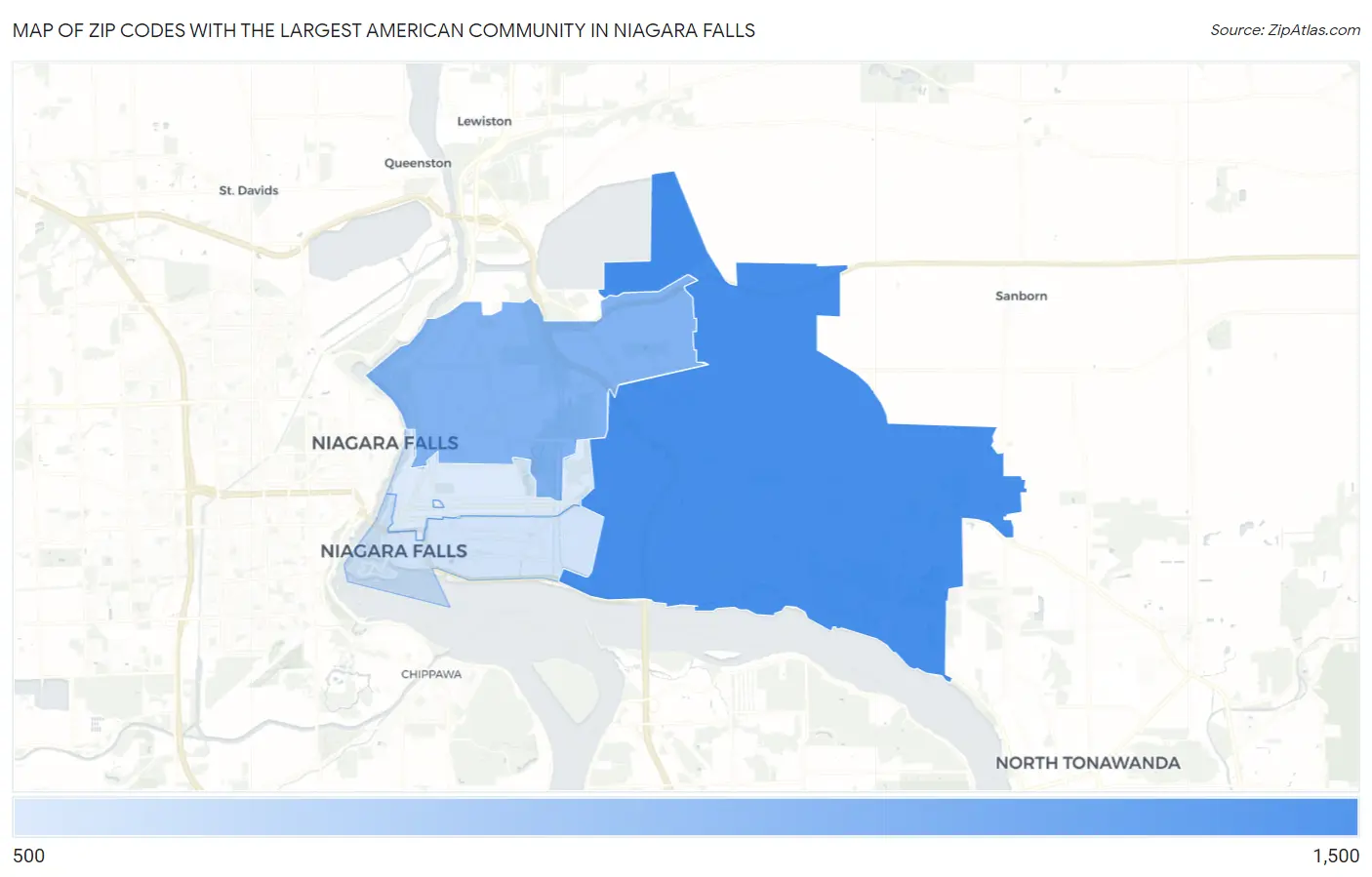 Zip Codes with the Largest American Community in Niagara Falls Map