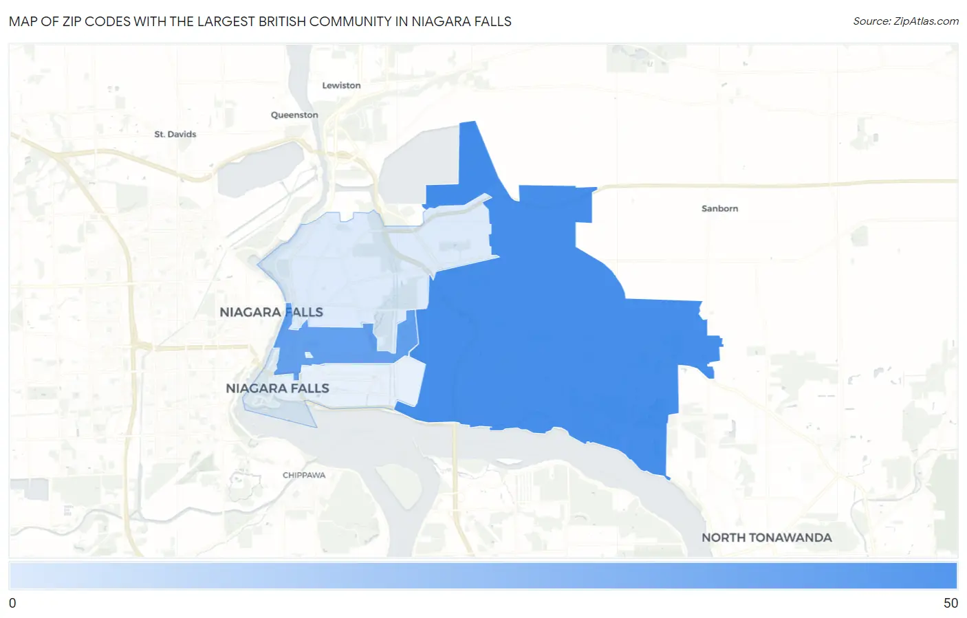Zip Codes with the Largest British Community in Niagara Falls Map