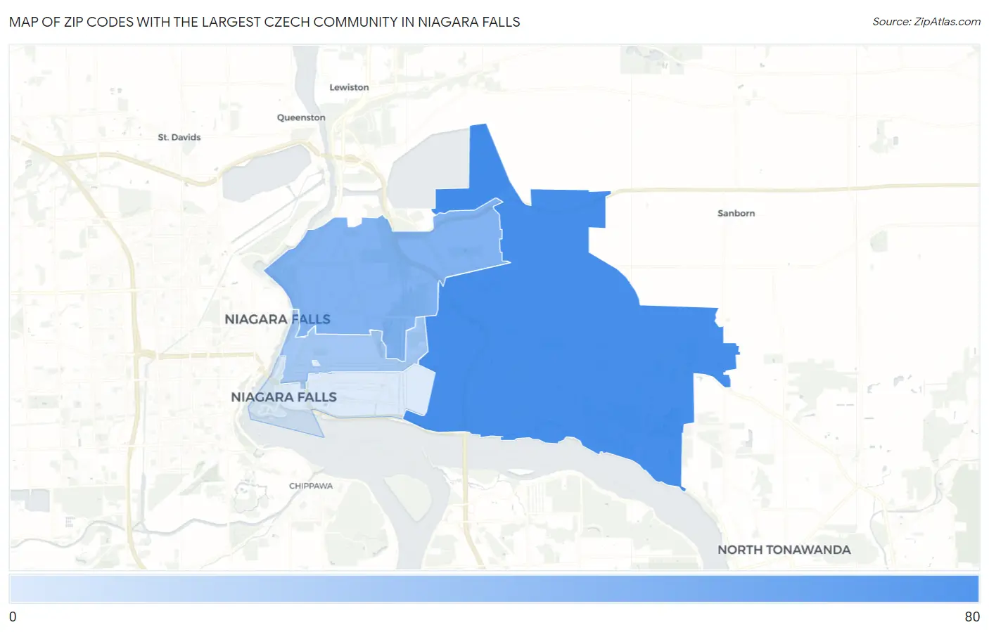 Zip Codes with the Largest Czech Community in Niagara Falls Map