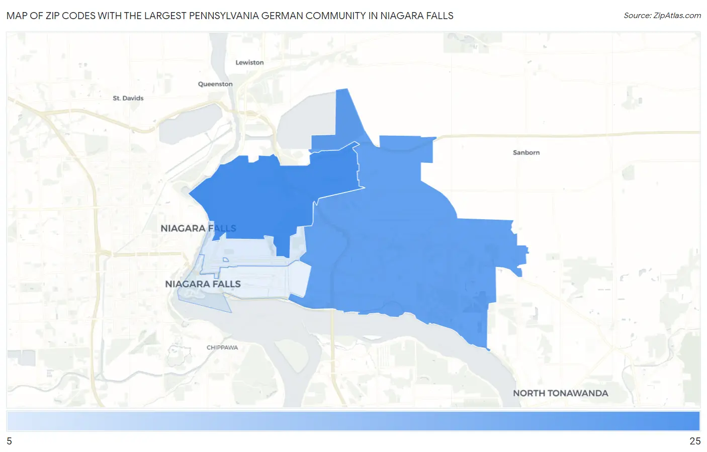 Zip Codes with the Largest Pennsylvania German Community in Niagara Falls Map