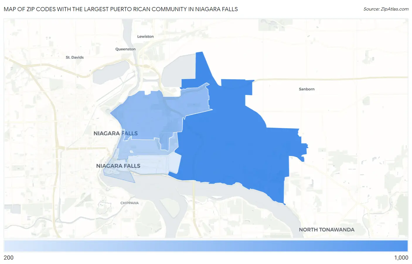 Zip Codes with the Largest Puerto Rican Community in Niagara Falls Map