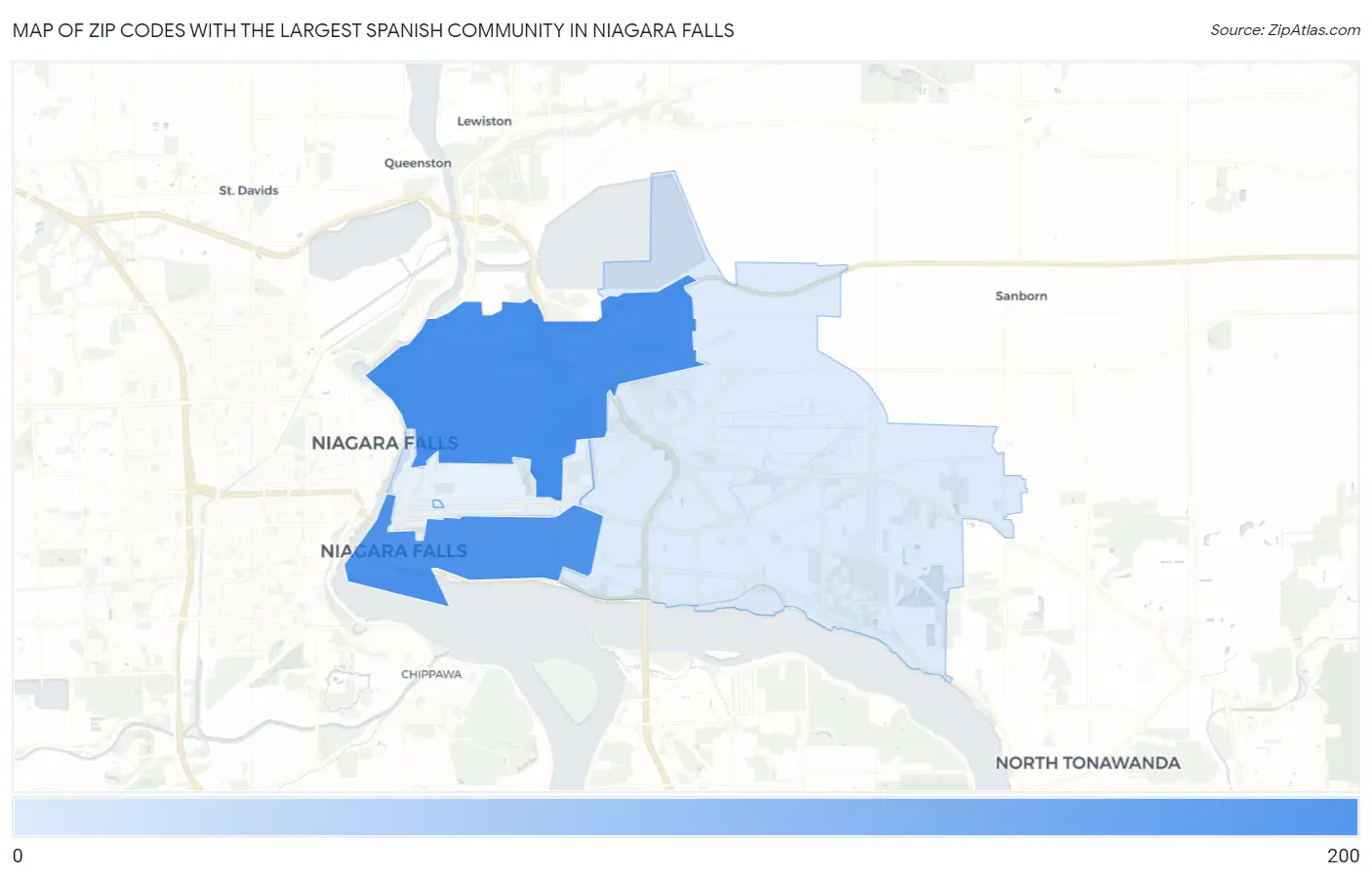 Zip Codes with the Largest Spanish Community in Niagara Falls Map