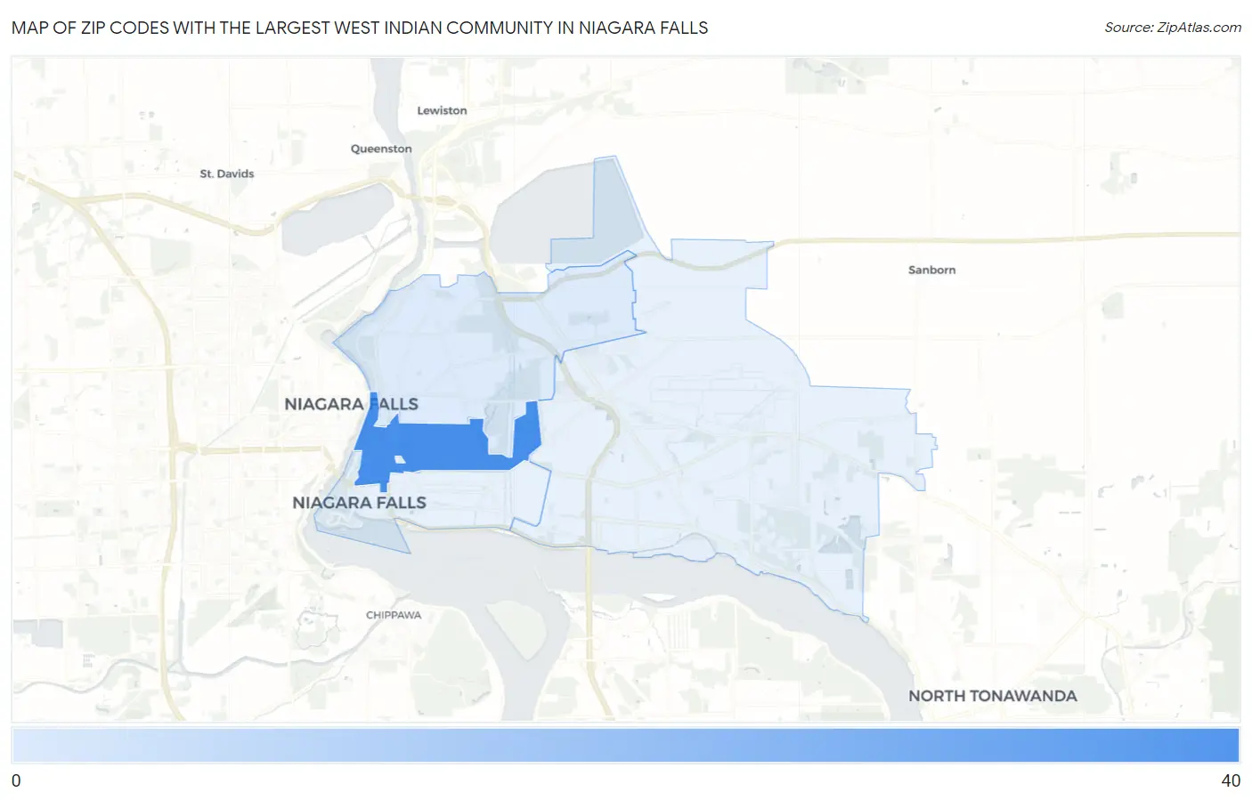 Zip Codes with the Largest West Indian Community in Niagara Falls Map