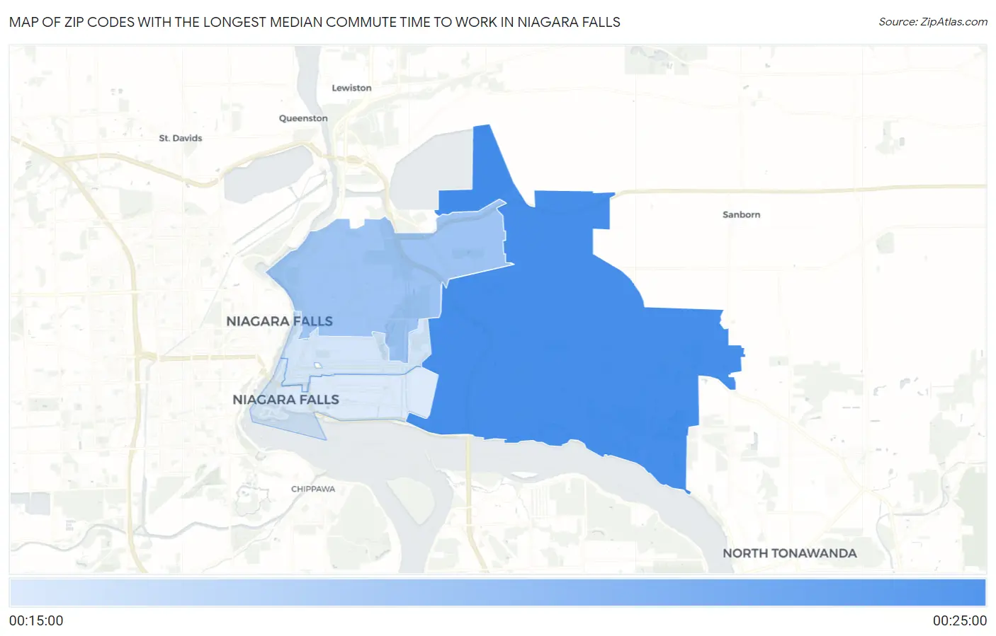 Zip Codes with the Longest Median Commute Time to Work in Niagara Falls Map