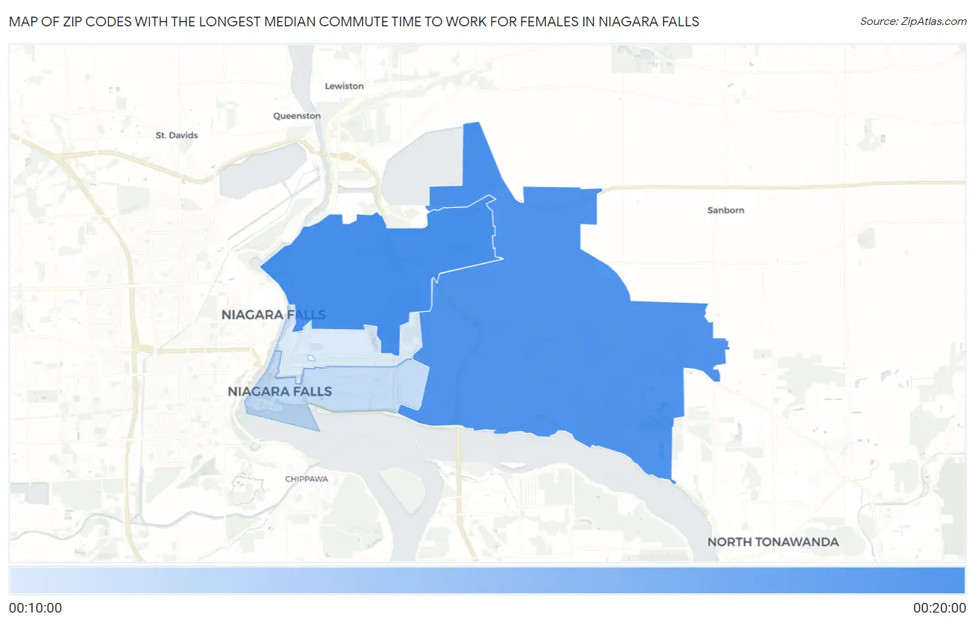 Zip Codes with the Longest Median Commute Time to Work for Females in Niagara Falls Map