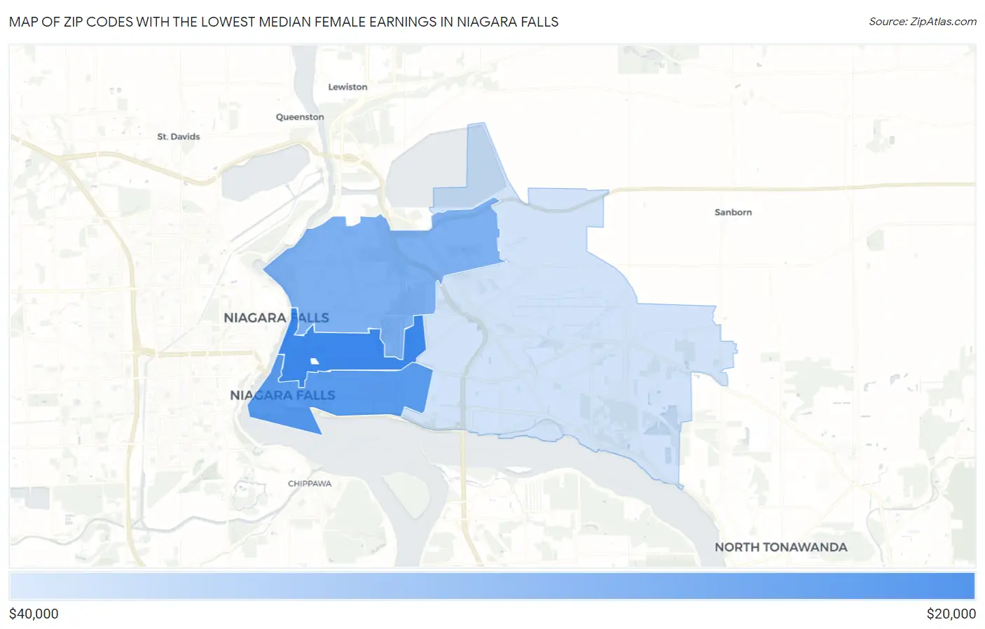 Zip Codes with the Lowest Median Female Earnings in Niagara Falls Map