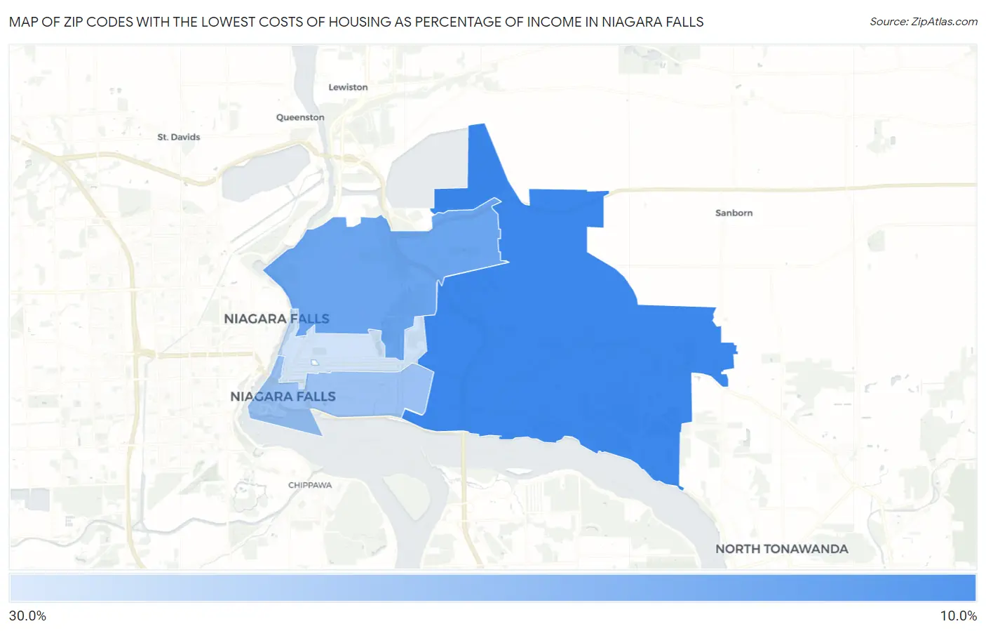 Zip Codes with the Lowest Costs of Housing as Percentage of Income in Niagara Falls Map