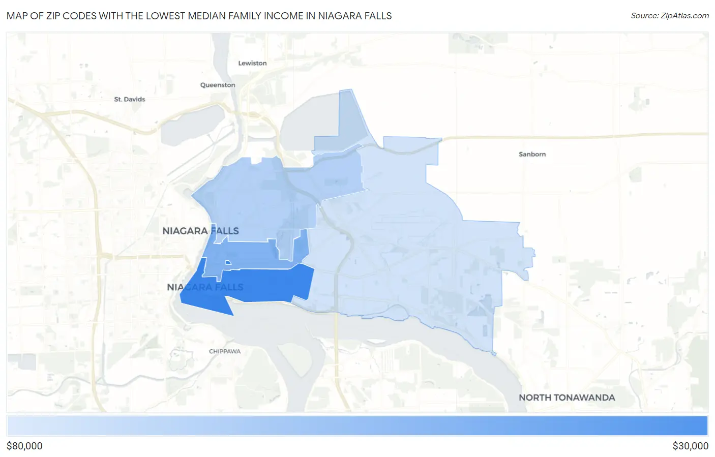 Zip Codes with the Lowest Median Family Income in Niagara Falls Map
