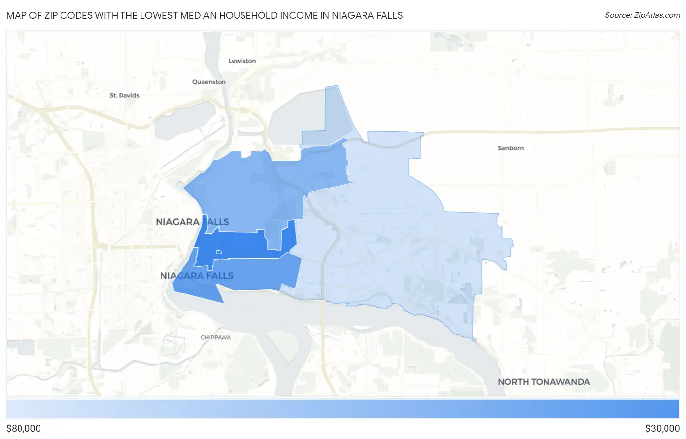 Zip Codes with the Lowest Median Household Income in Niagara Falls Map