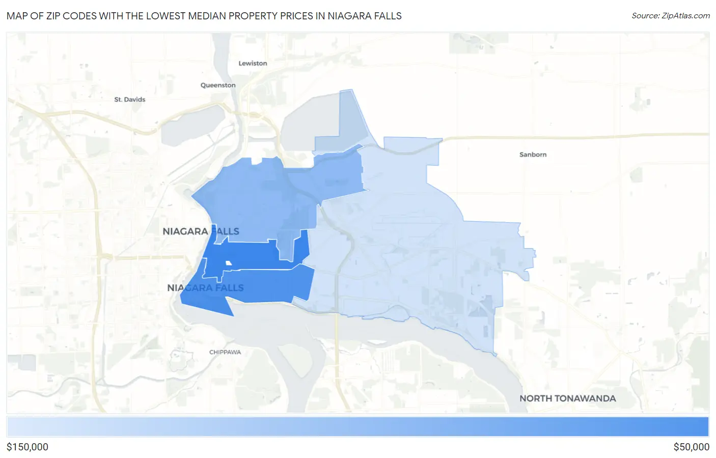 Zip Codes with the Lowest Median Property Prices in Niagara Falls Map