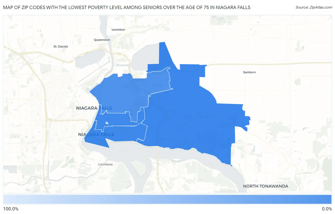 Zip Codes with the Lowest Poverty Level Among Seniors Over the Age of 75 in Niagara Falls Map