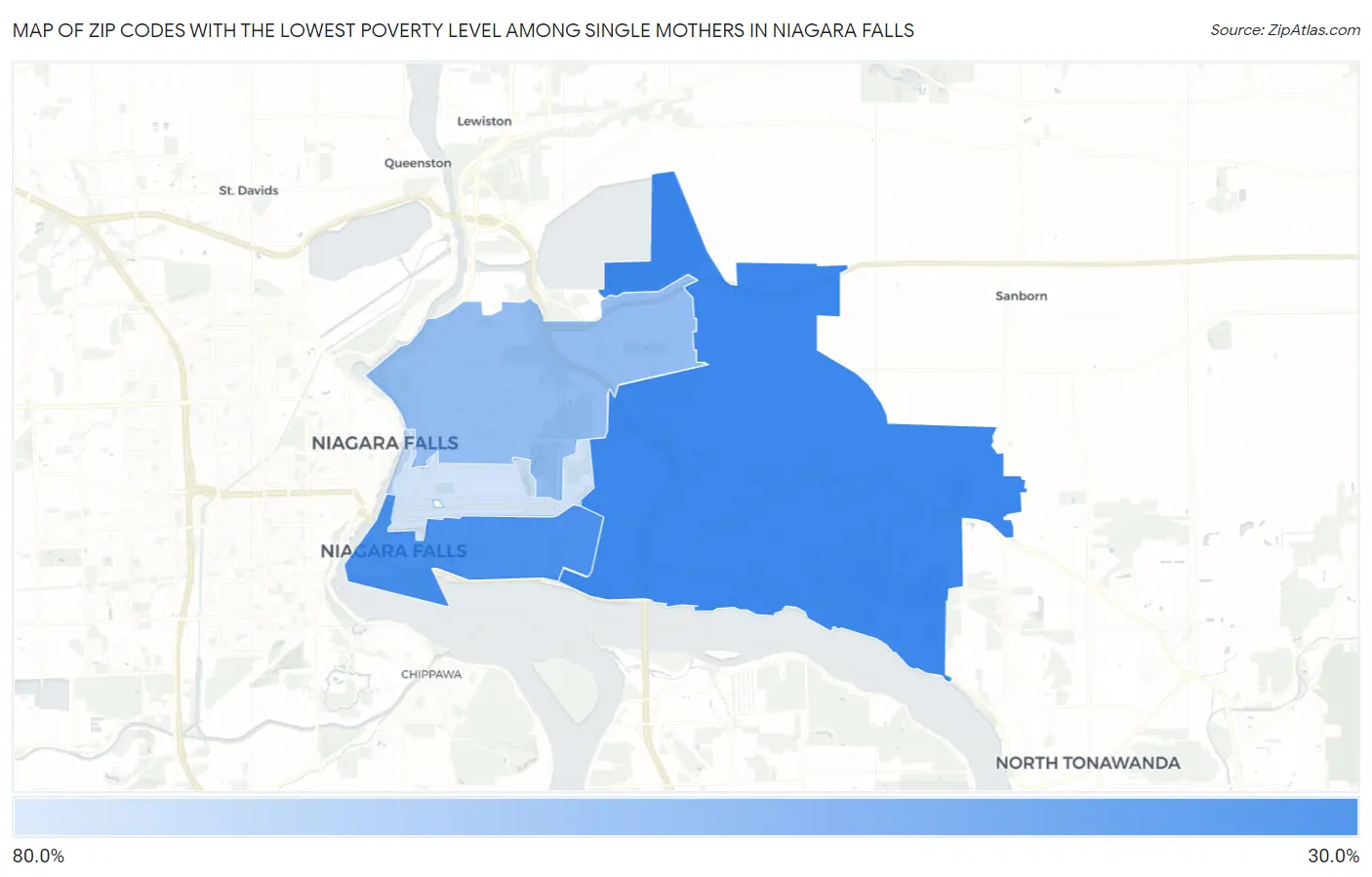 Zip Codes with the Lowest Poverty Level Among Single Mothers in Niagara Falls Map