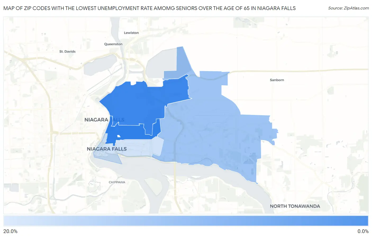 Zip Codes with the Lowest Unemployment Rate Amomg Seniors Over the Age of 65 in Niagara Falls Map