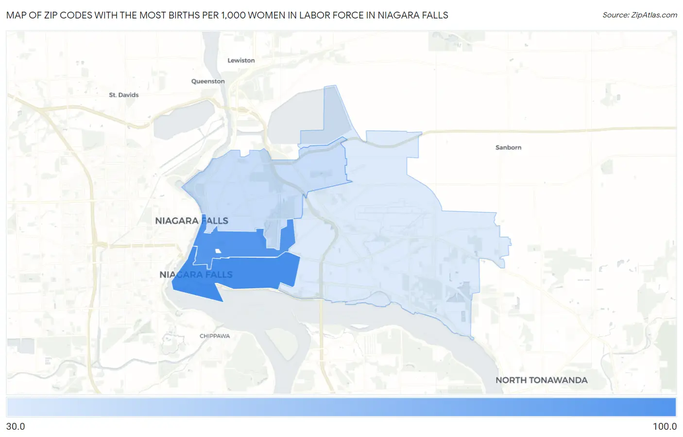 Zip Codes with the Most Births per 1,000 Women in Labor Force in Niagara Falls Map