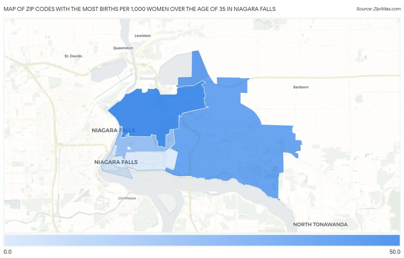 Zip Codes with the Most Births per 1,000 Women Over the Age of 35 in Niagara Falls Map