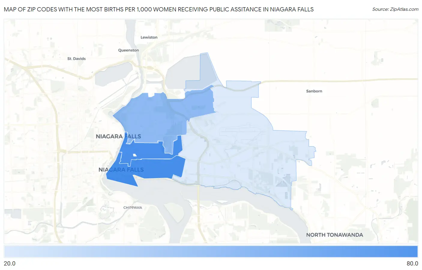 Zip Codes with the Most Births per 1,000 Women Receiving Public Assitance in Niagara Falls Map