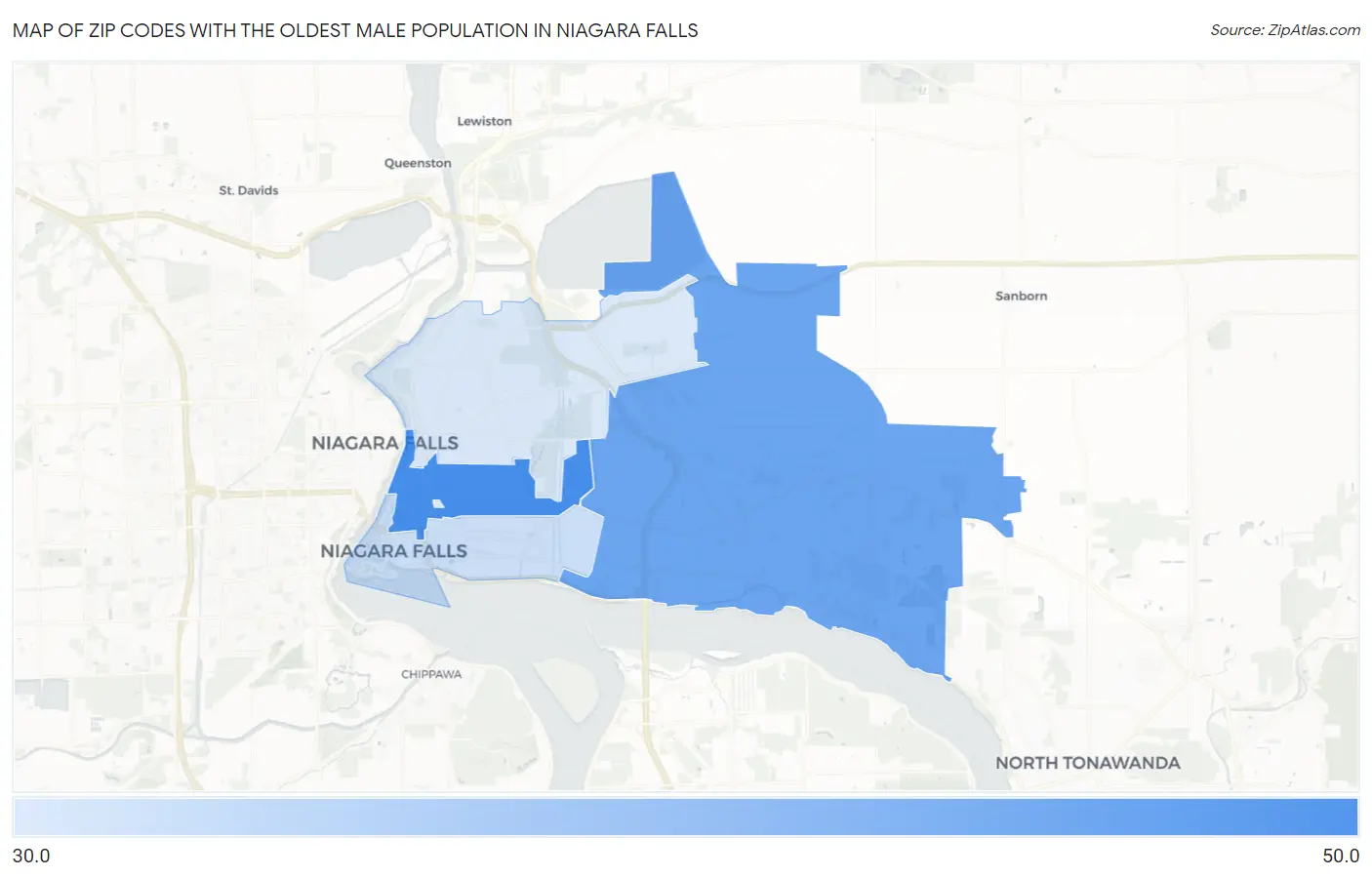 Zip Codes with the Oldest Male Population in Niagara Falls Map