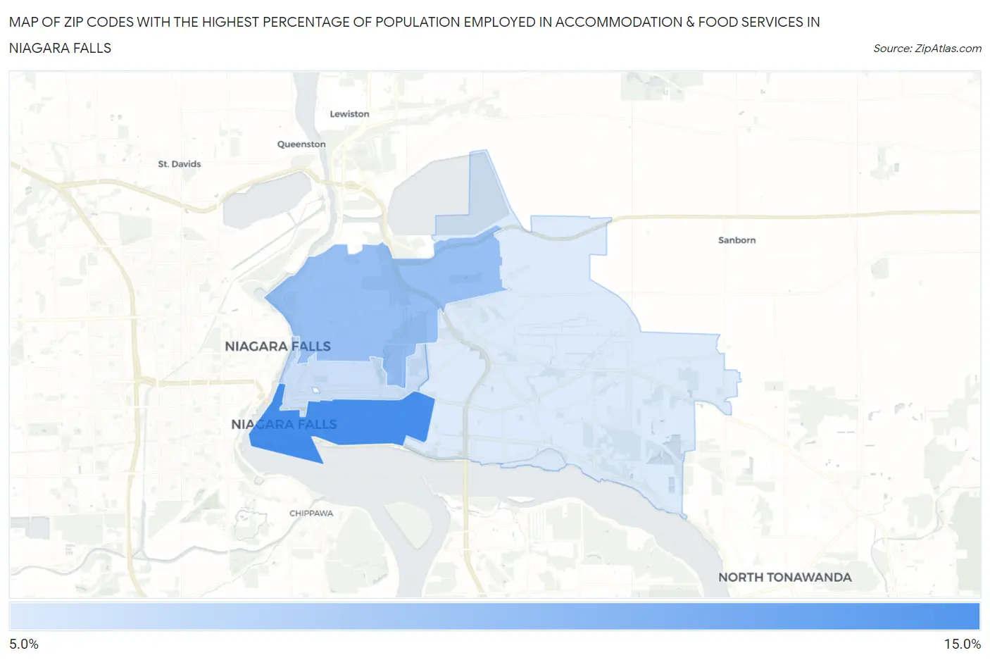 Zip Codes with the Highest Percentage of Population Employed in Accommodation & Food Services in Niagara Falls Map