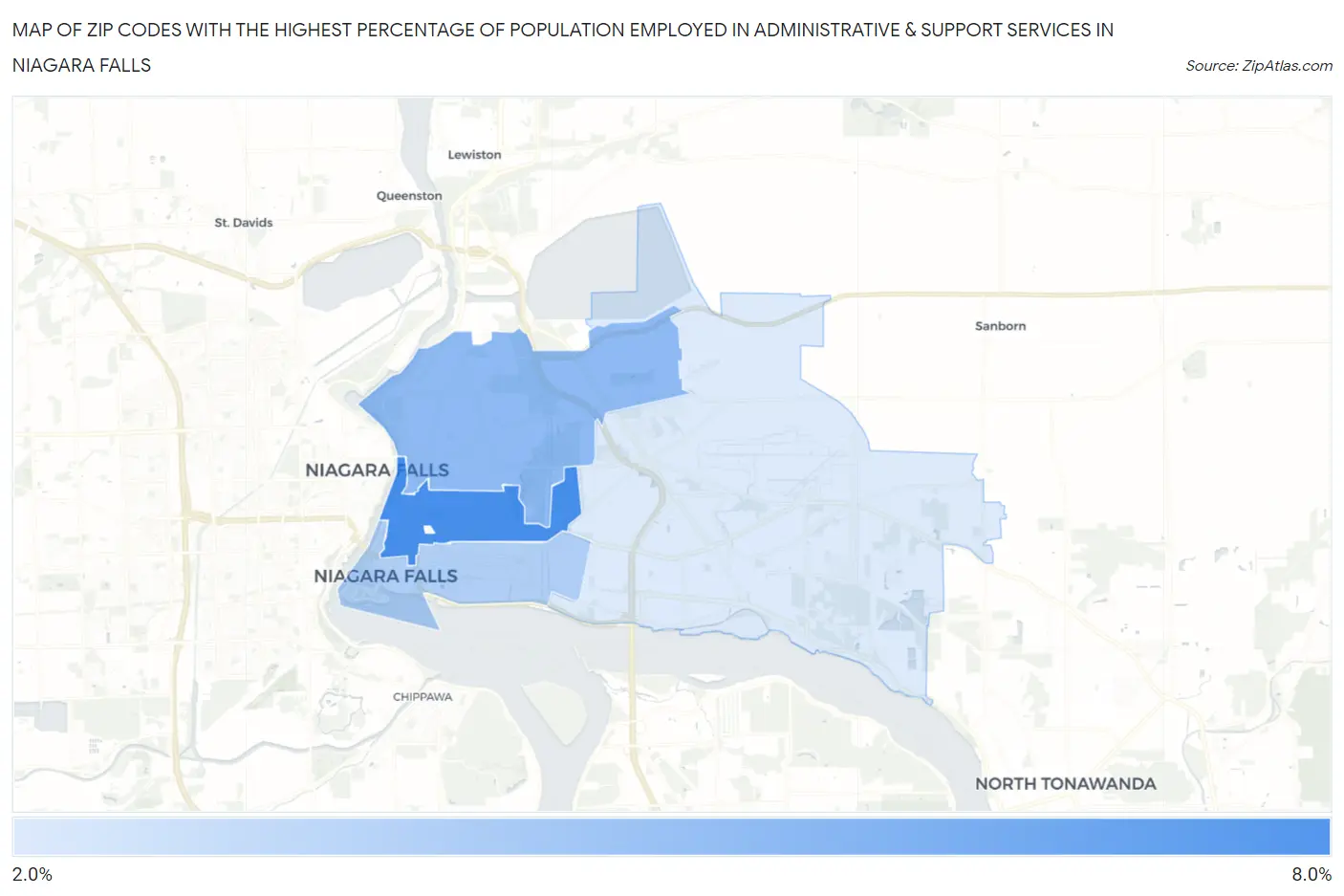 Zip Codes with the Highest Percentage of Population Employed in Administrative & Support Services in Niagara Falls Map