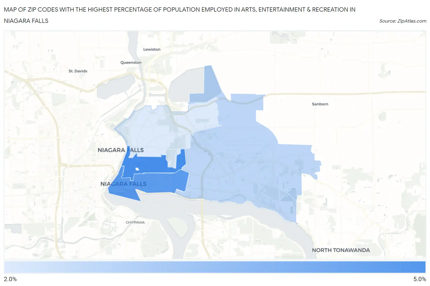 Zip Codes with the Highest Percentage of Population Employed in Arts, Entertainment & Recreation in Niagara Falls Map