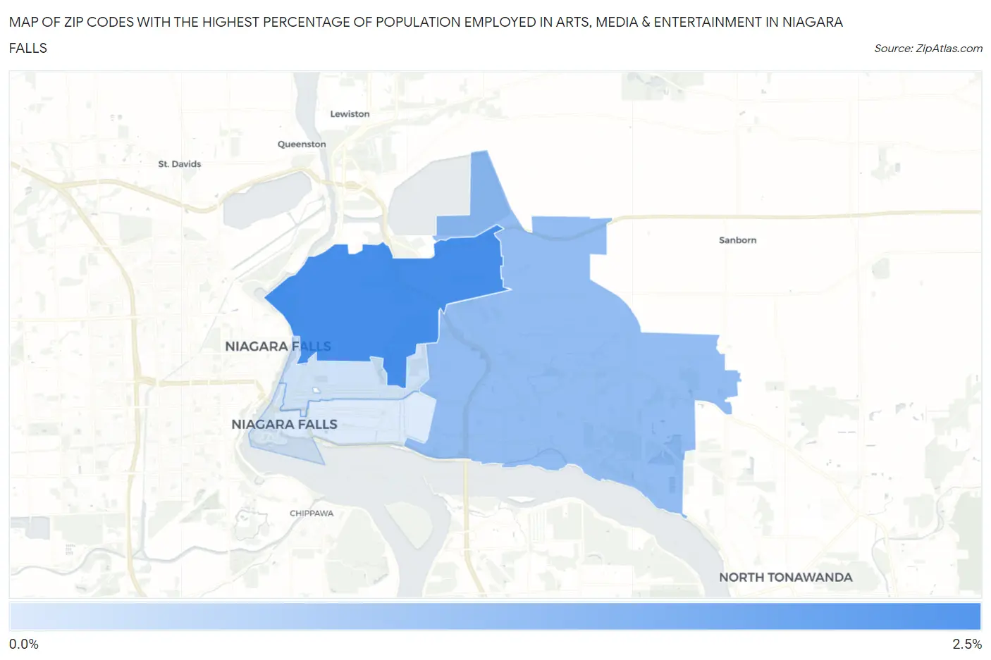 Zip Codes with the Highest Percentage of Population Employed in Arts, Media & Entertainment in Niagara Falls Map