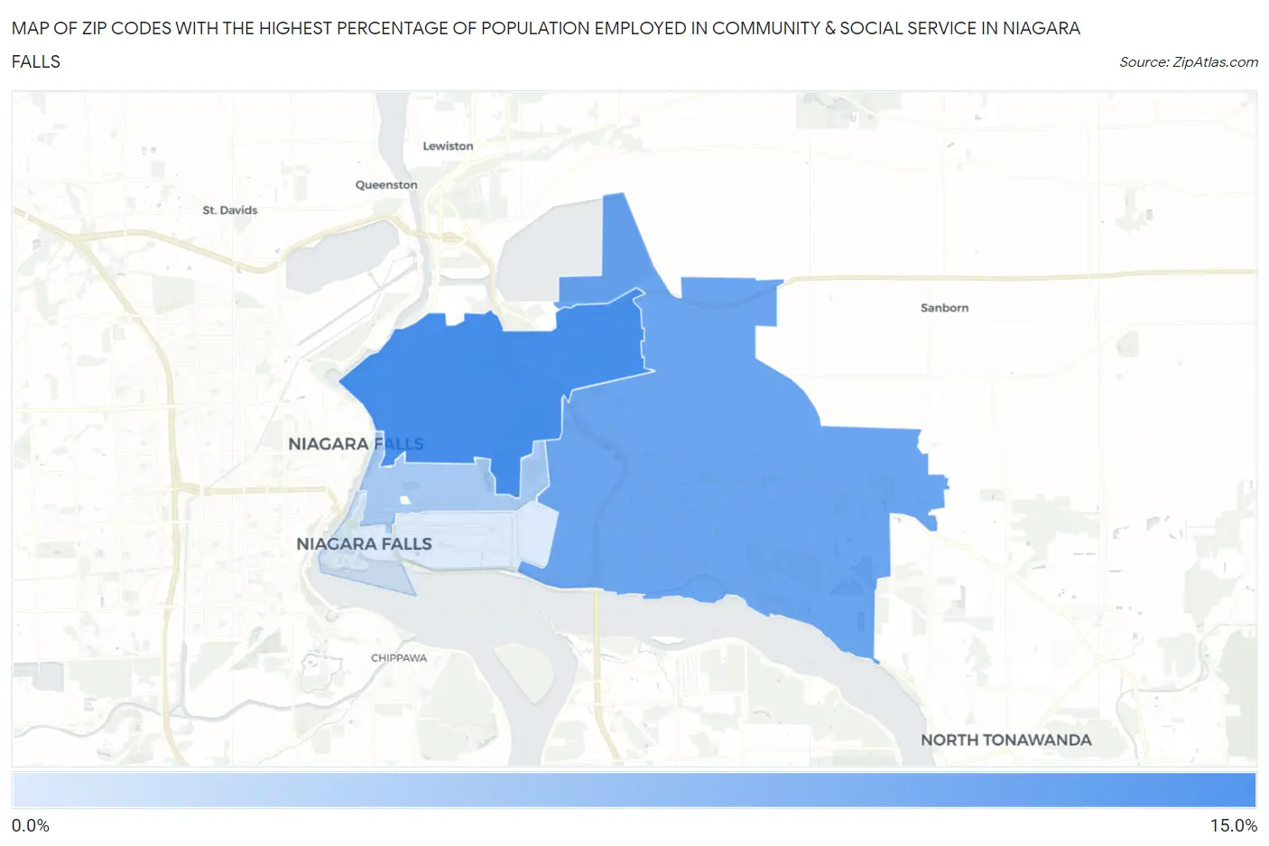 Zip Codes with the Highest Percentage of Population Employed in Community & Social Service  in Niagara Falls Map