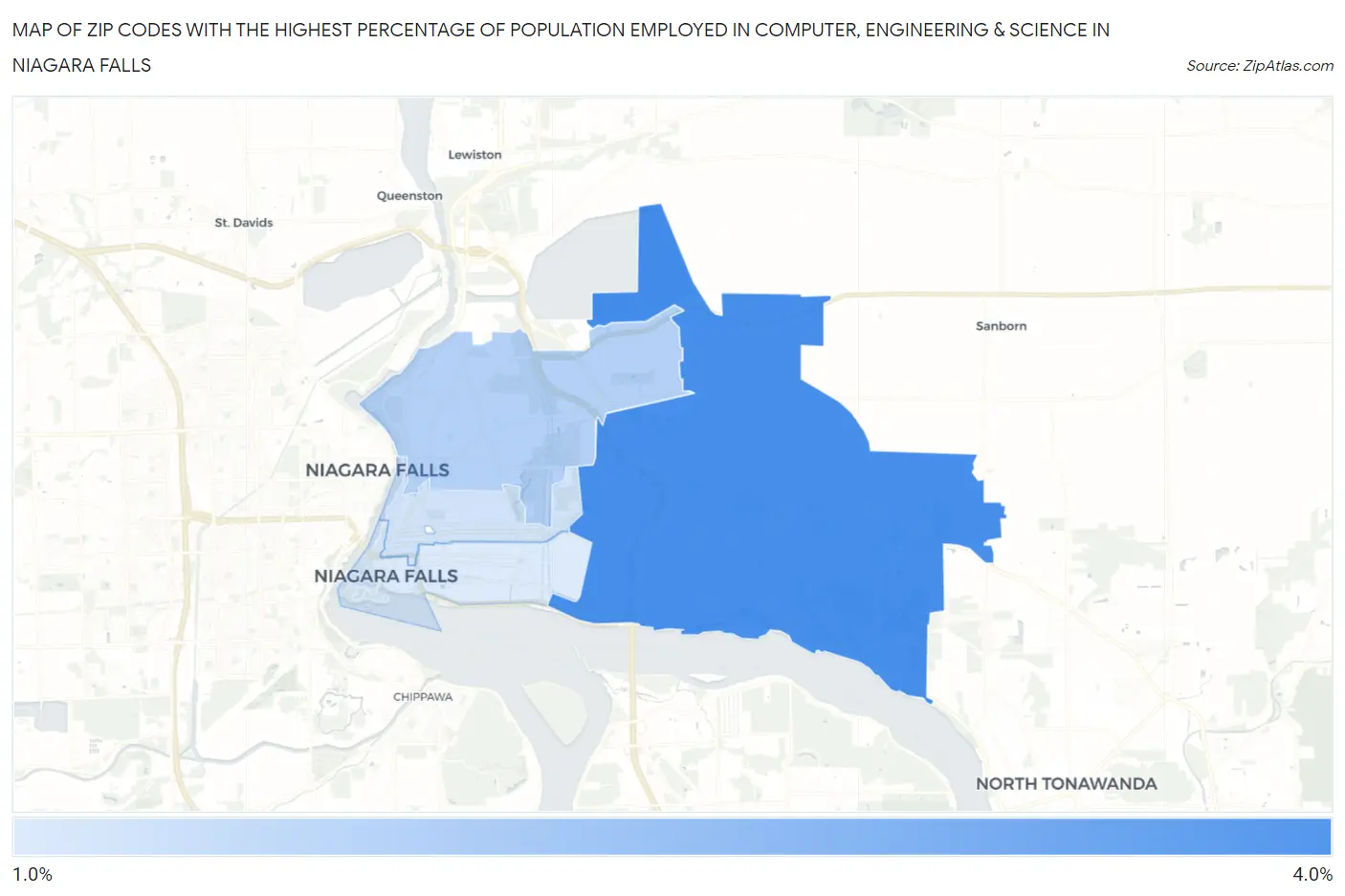 Zip Codes with the Highest Percentage of Population Employed in Computer, Engineering & Science in Niagara Falls Map