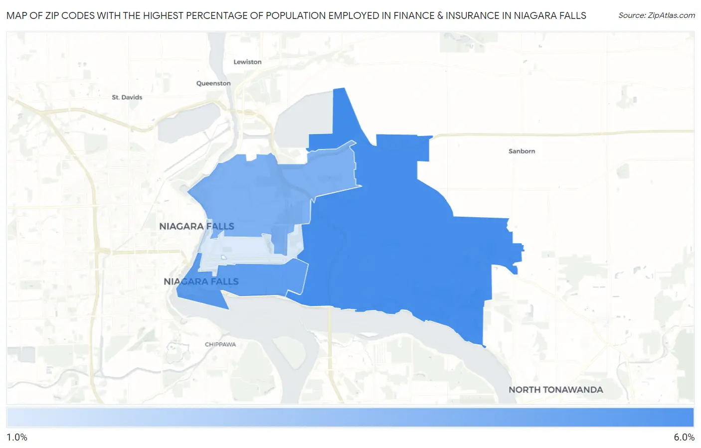 Zip Codes with the Highest Percentage of Population Employed in Finance & Insurance in Niagara Falls Map