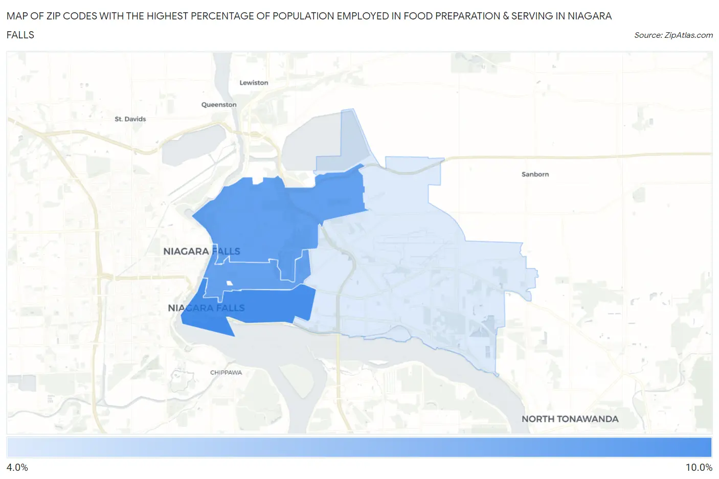 Zip Codes with the Highest Percentage of Population Employed in Food Preparation & Serving in Niagara Falls Map