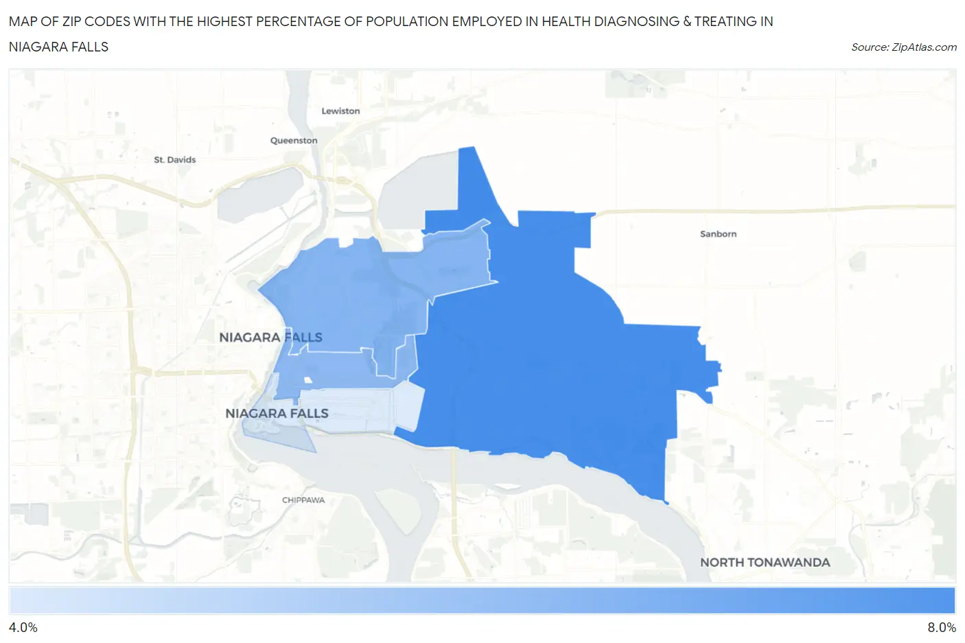 Zip Codes with the Highest Percentage of Population Employed in Health Diagnosing & Treating in Niagara Falls Map