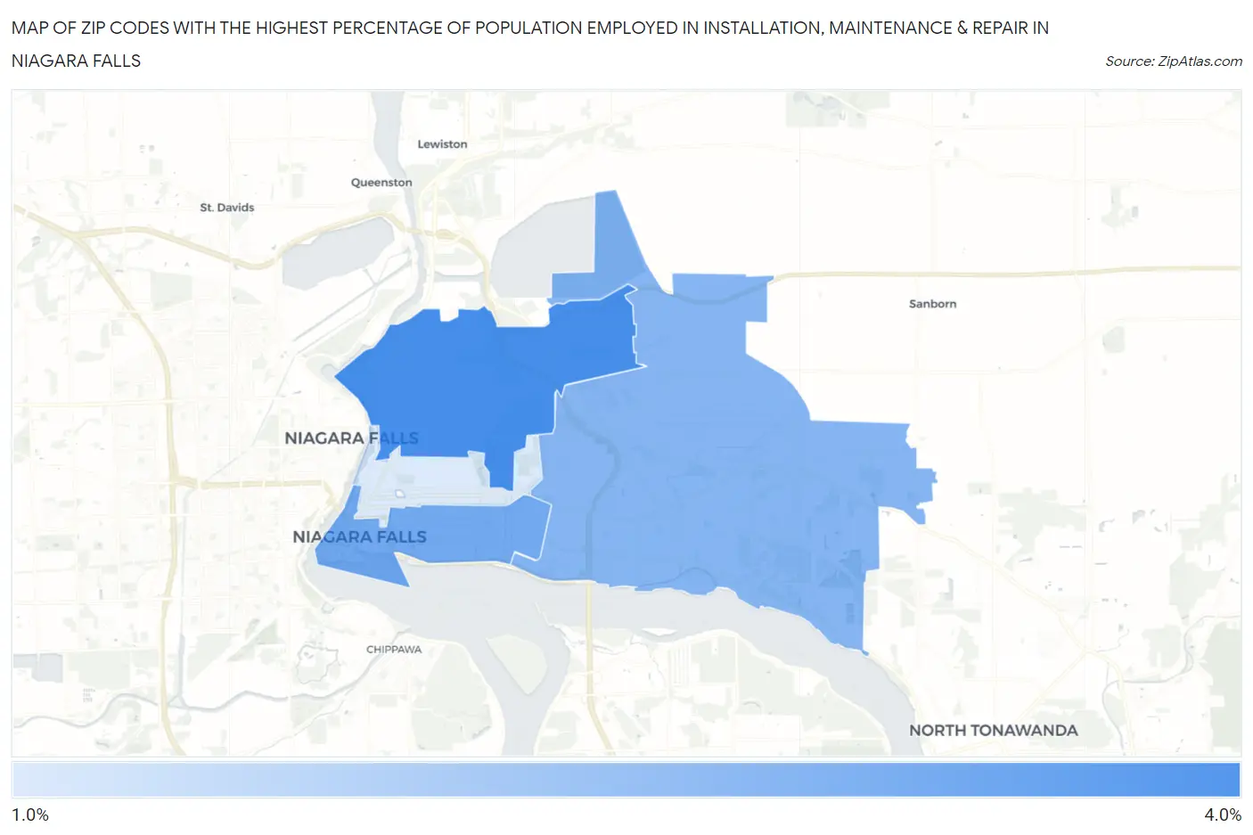 Zip Codes with the Highest Percentage of Population Employed in Installation, Maintenance & Repair in Niagara Falls Map