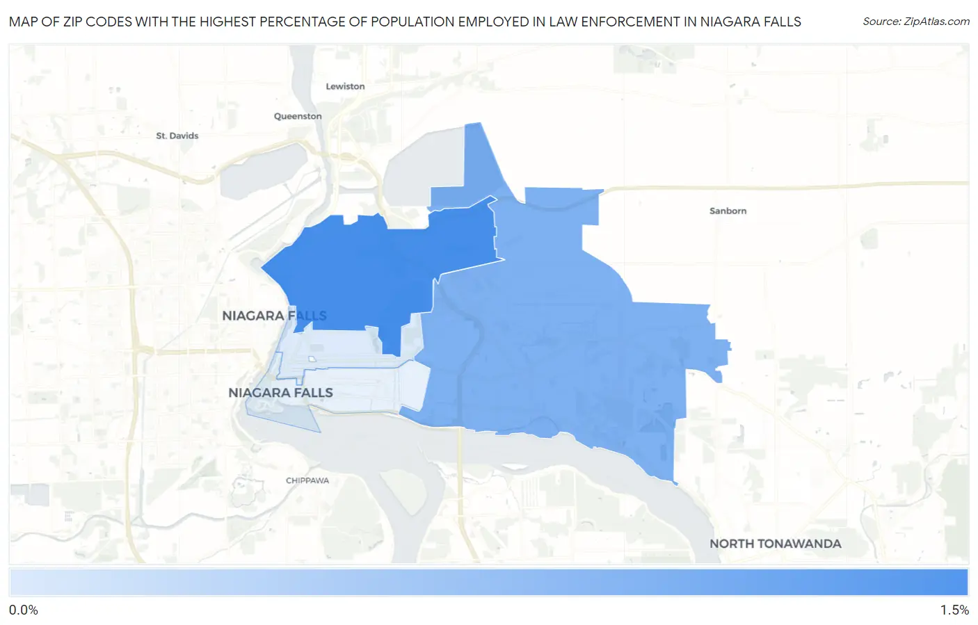 Zip Codes with the Highest Percentage of Population Employed in Law Enforcement in Niagara Falls Map