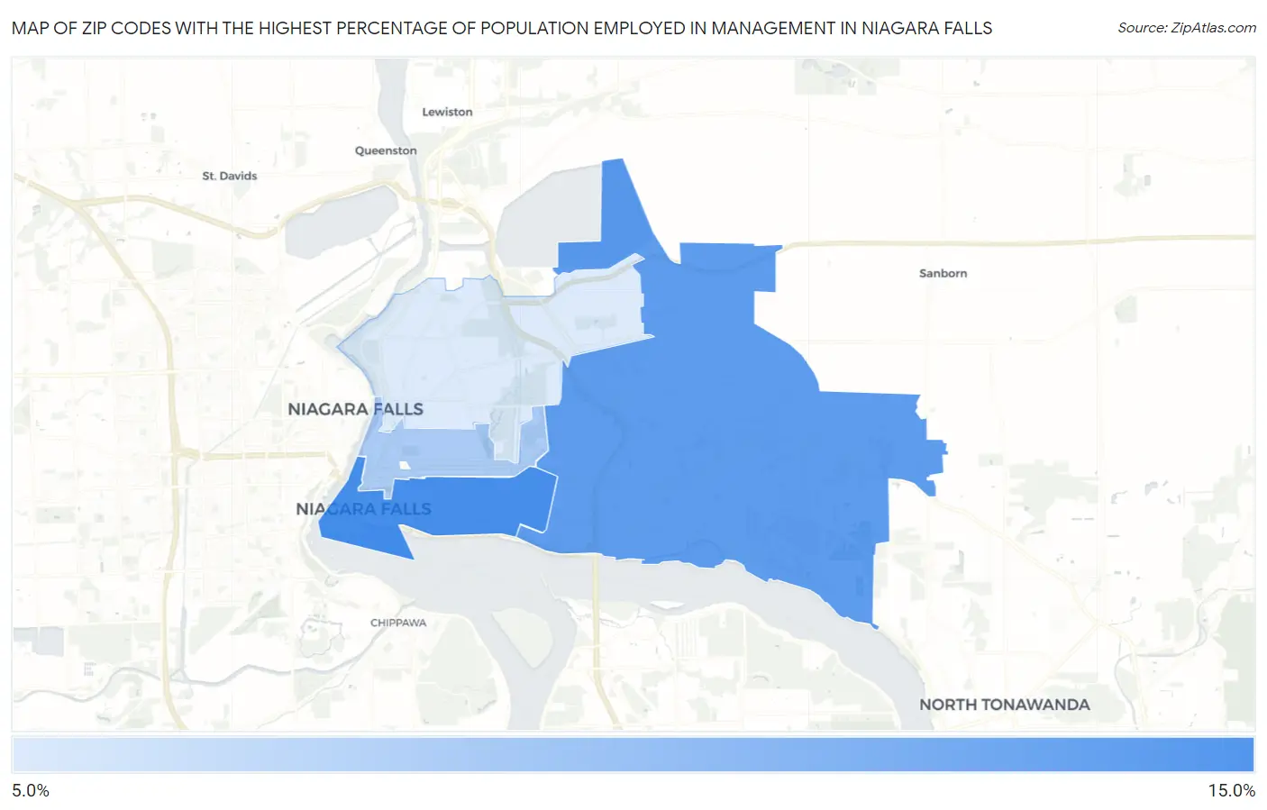 Zip Codes with the Highest Percentage of Population Employed in Management in Niagara Falls Map