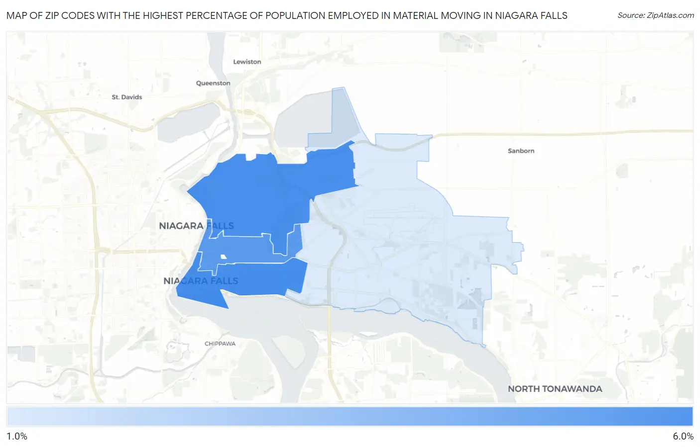Zip Codes with the Highest Percentage of Population Employed in Material Moving in Niagara Falls Map