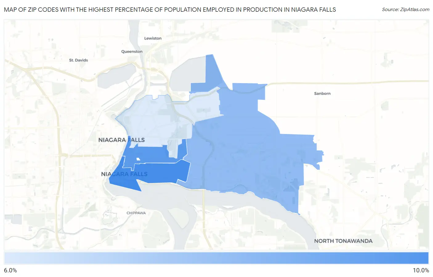 Zip Codes with the Highest Percentage of Population Employed in Production in Niagara Falls Map