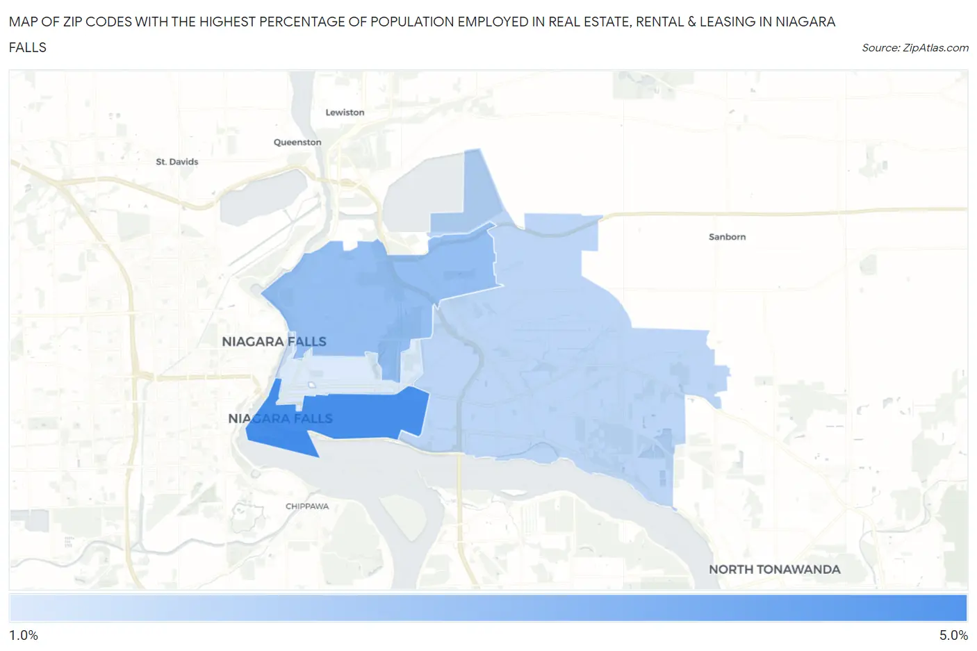 Zip Codes with the Highest Percentage of Population Employed in Real Estate, Rental & Leasing in Niagara Falls Map