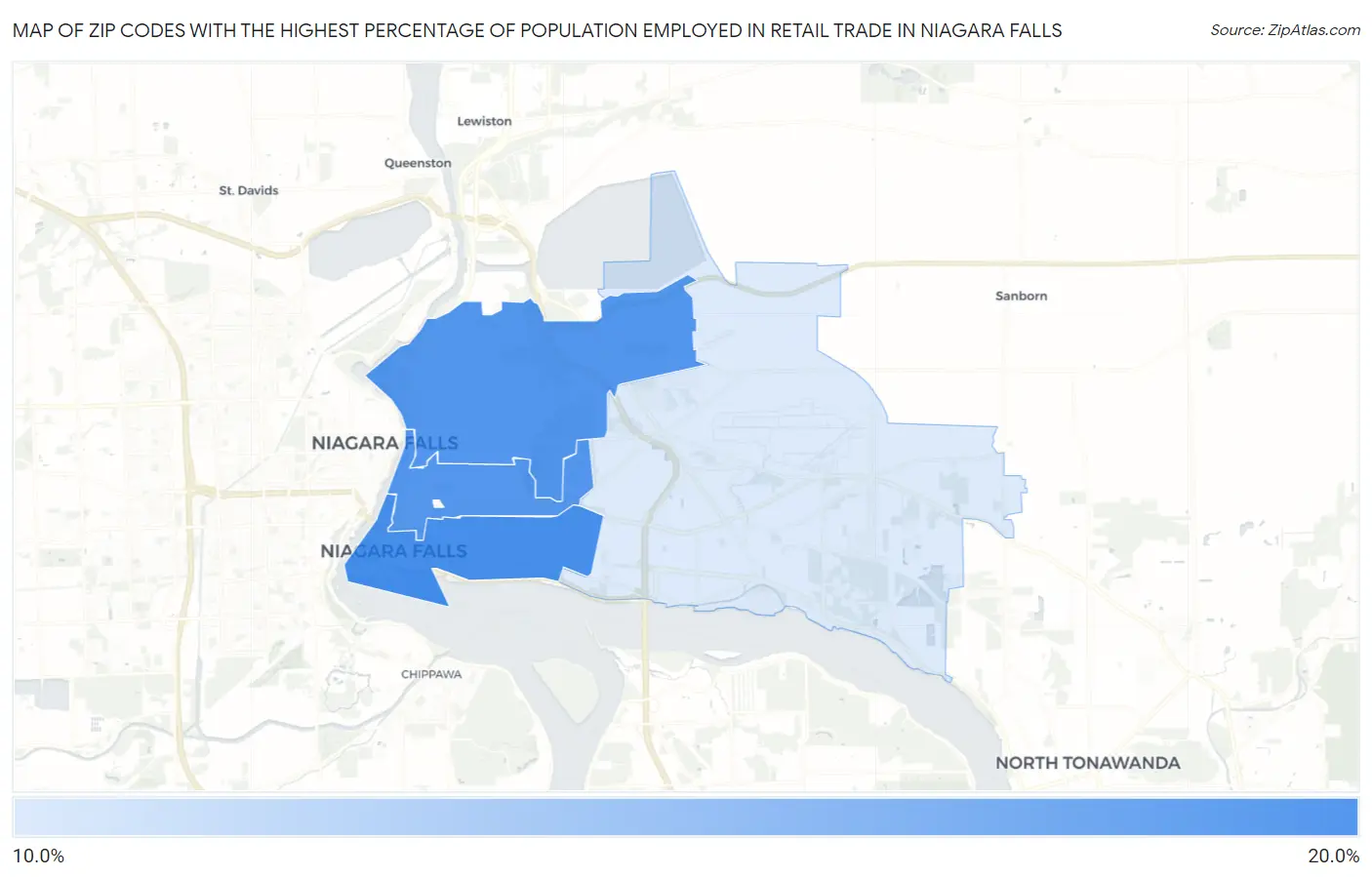 Zip Codes with the Highest Percentage of Population Employed in Retail Trade in Niagara Falls Map