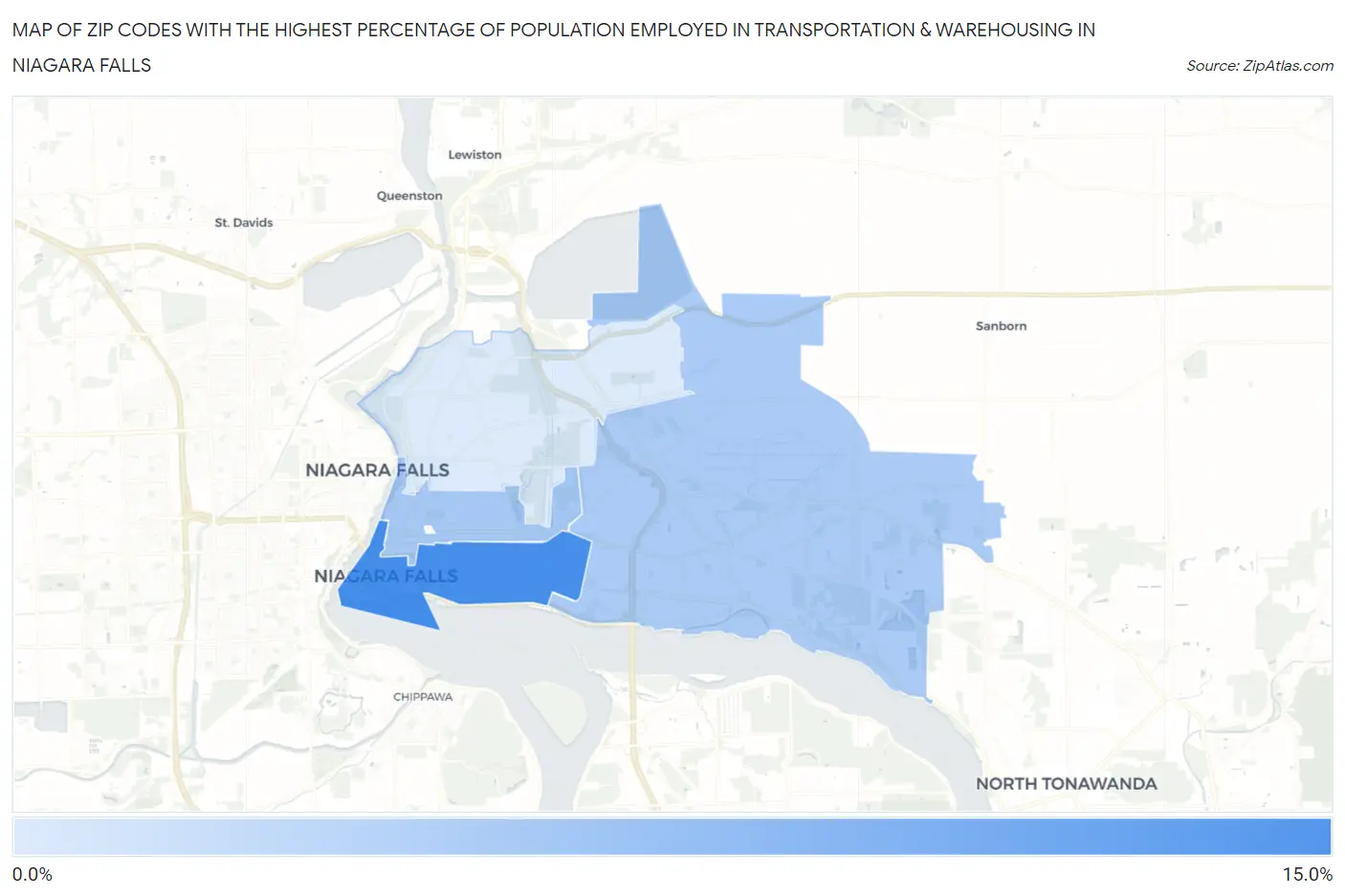 Zip Codes with the Highest Percentage of Population Employed in Transportation & Warehousing in Niagara Falls Map