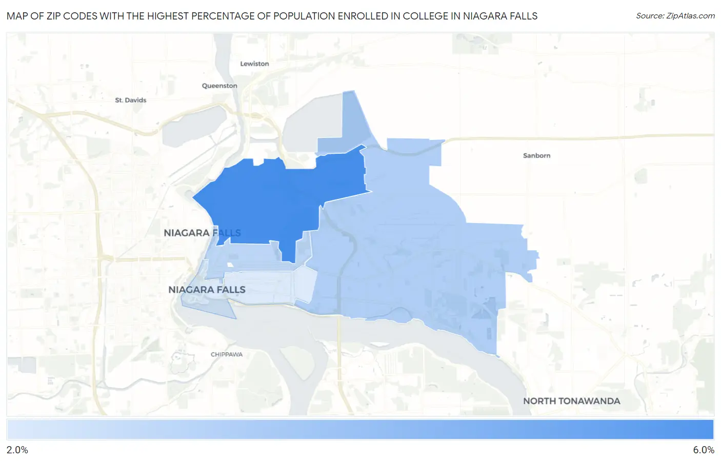 Zip Codes with the Highest Percentage of Population Enrolled in College in Niagara Falls Map