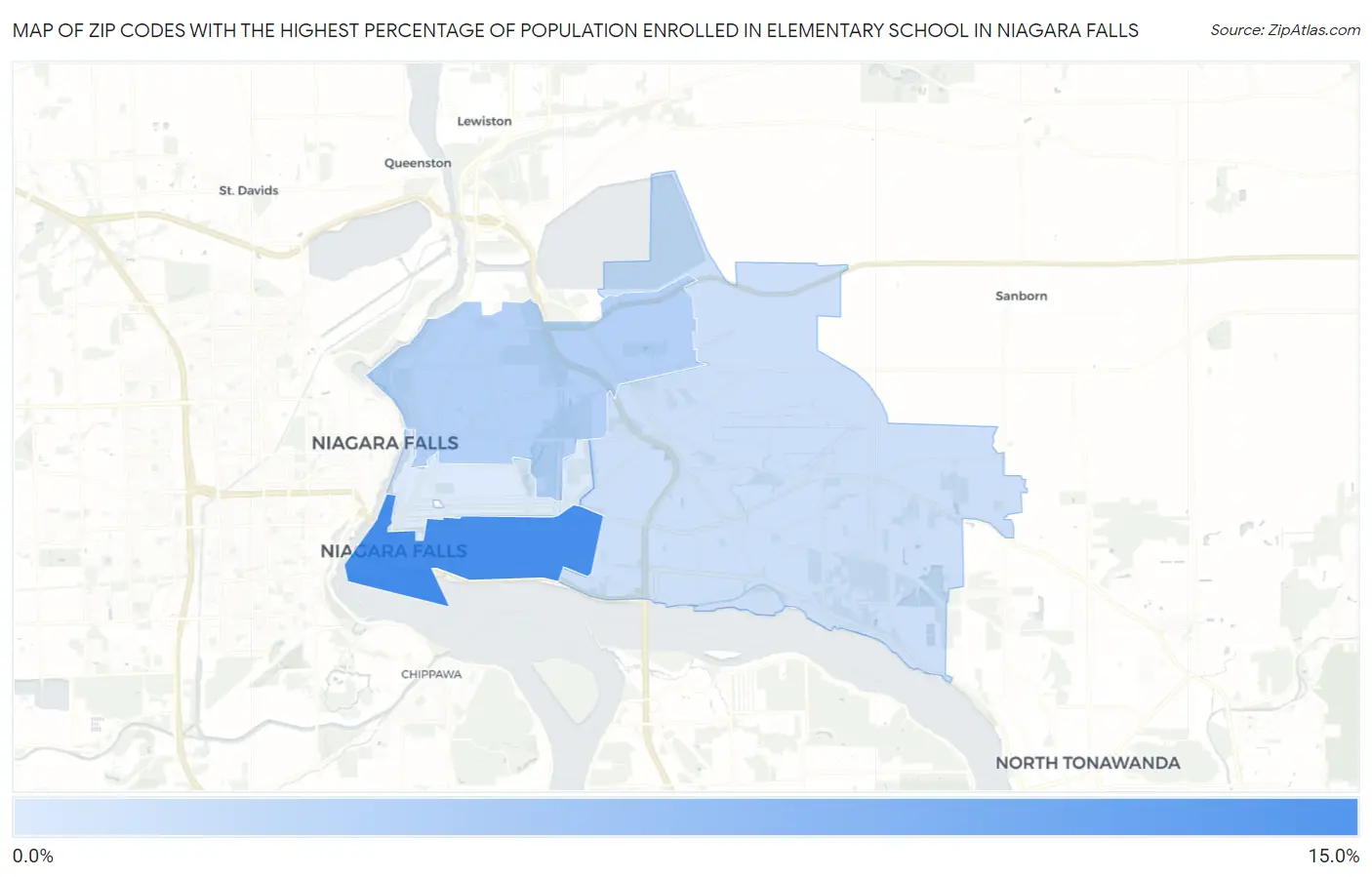 Zip Codes with the Highest Percentage of Population Enrolled in Elementary School in Niagara Falls Map