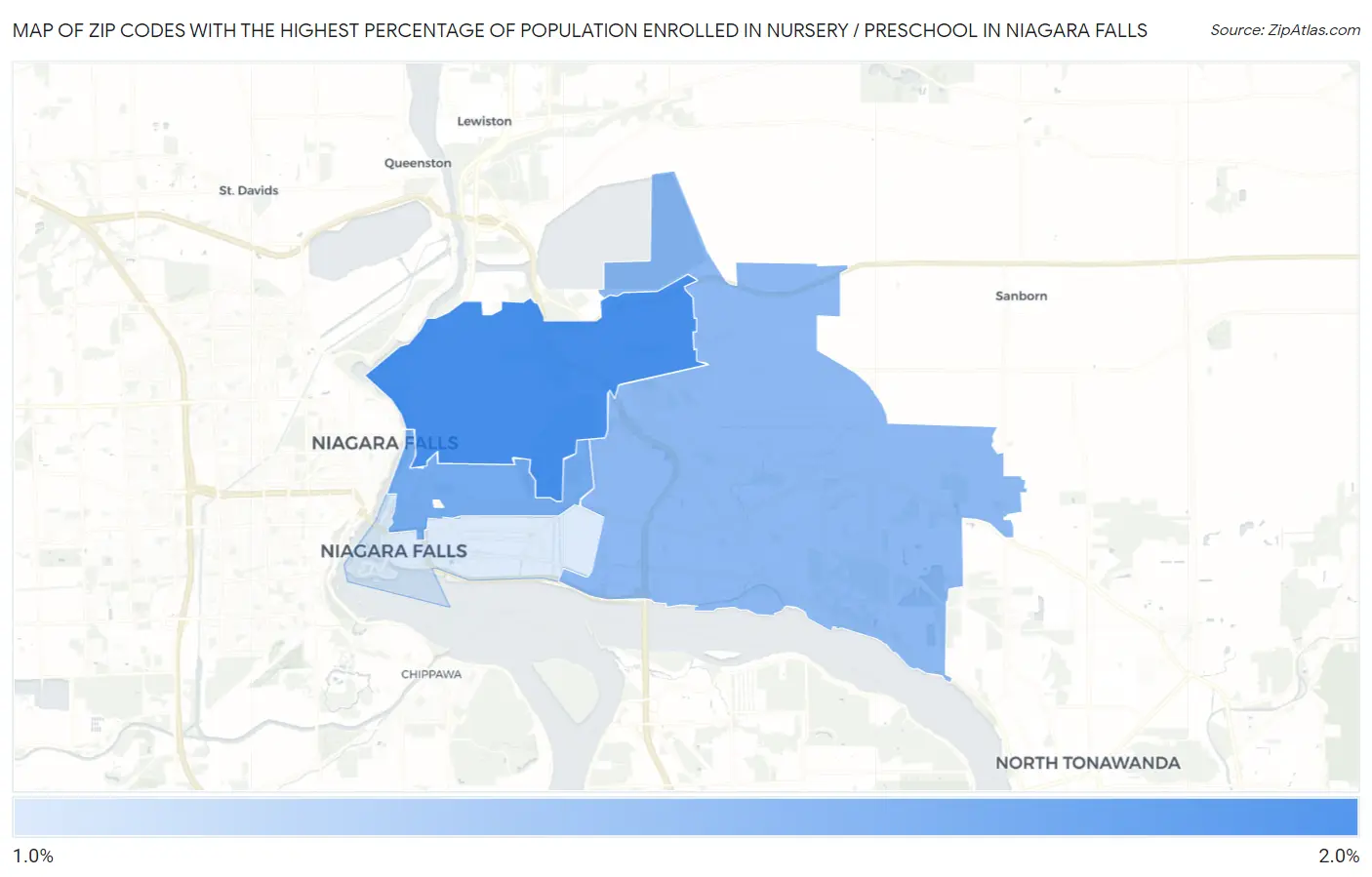 Zip Codes with the Highest Percentage of Population Enrolled in Nursery / Preschool in Niagara Falls Map