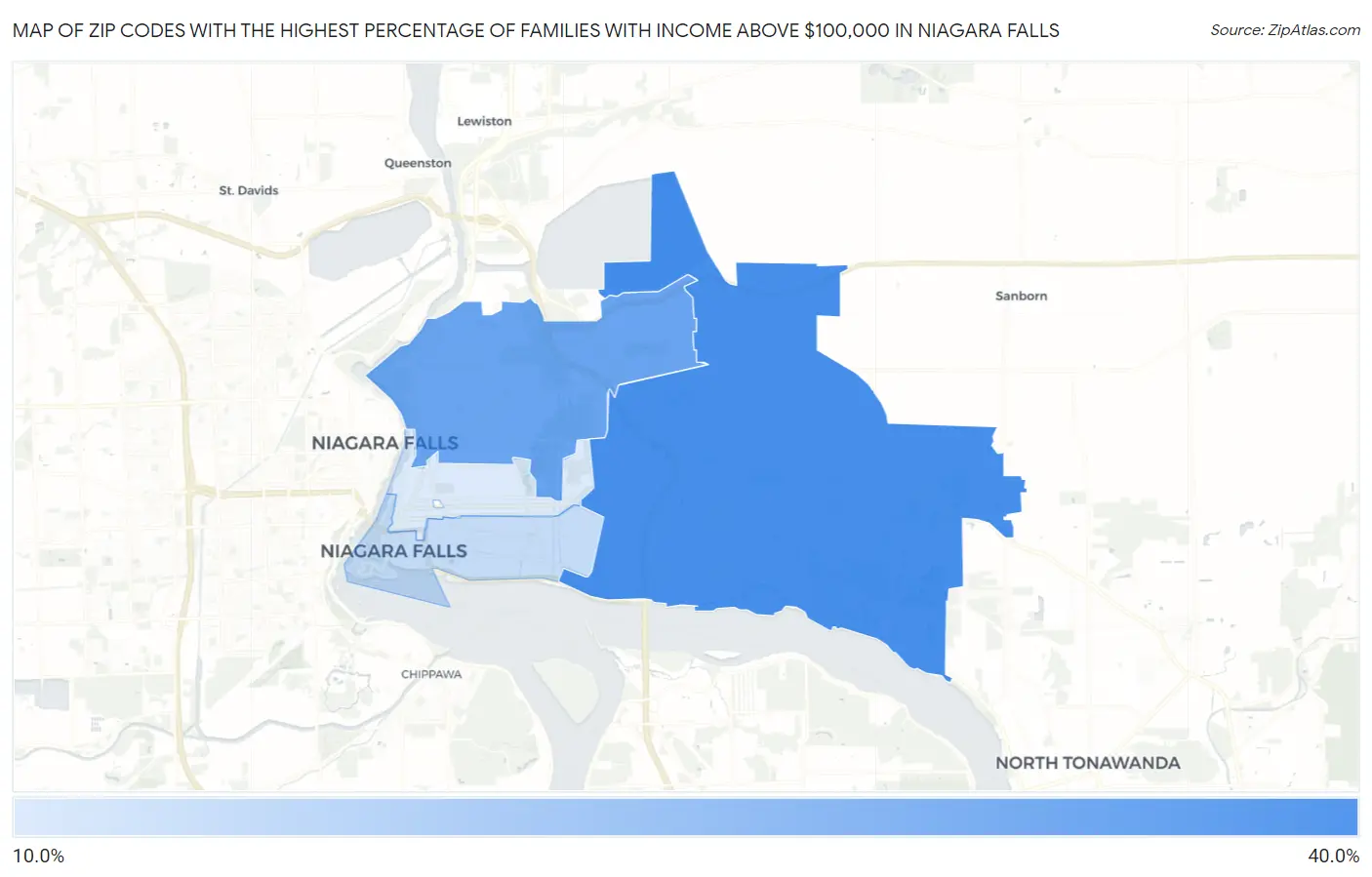 Zip Codes with the Highest Percentage of Families with Income Above $100,000 in Niagara Falls Map