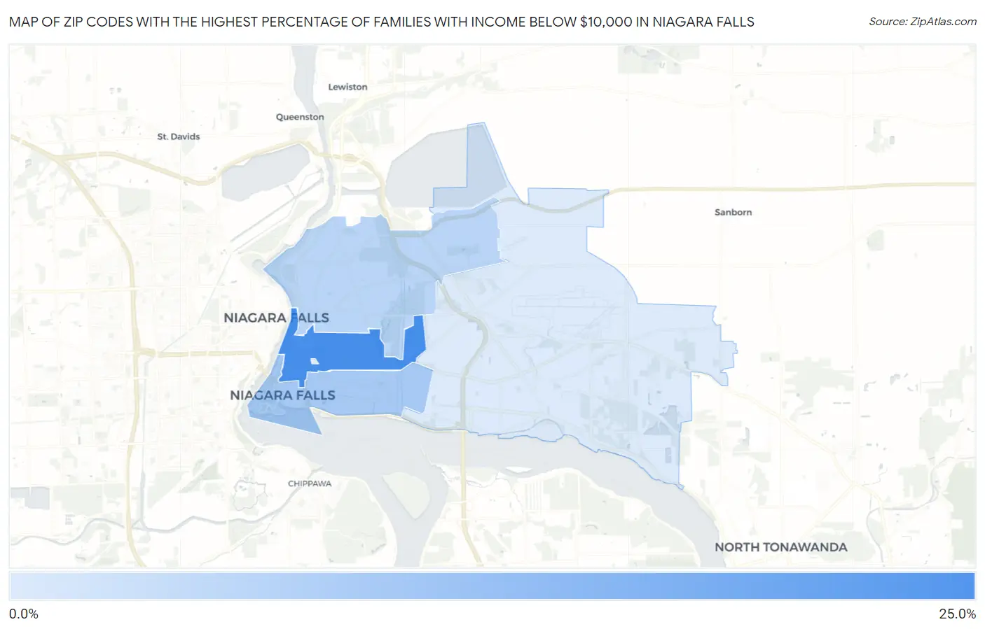 Zip Codes with the Highest Percentage of Families with Income Below $10,000 in Niagara Falls Map