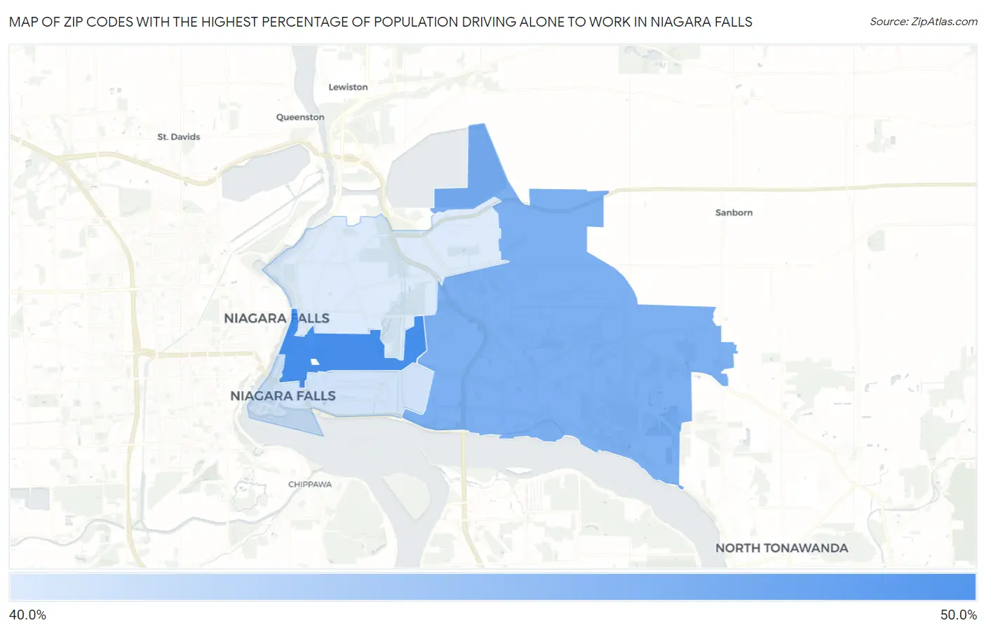 Zip Codes with the Highest Percentage of Population Driving Alone to Work in Niagara Falls Map