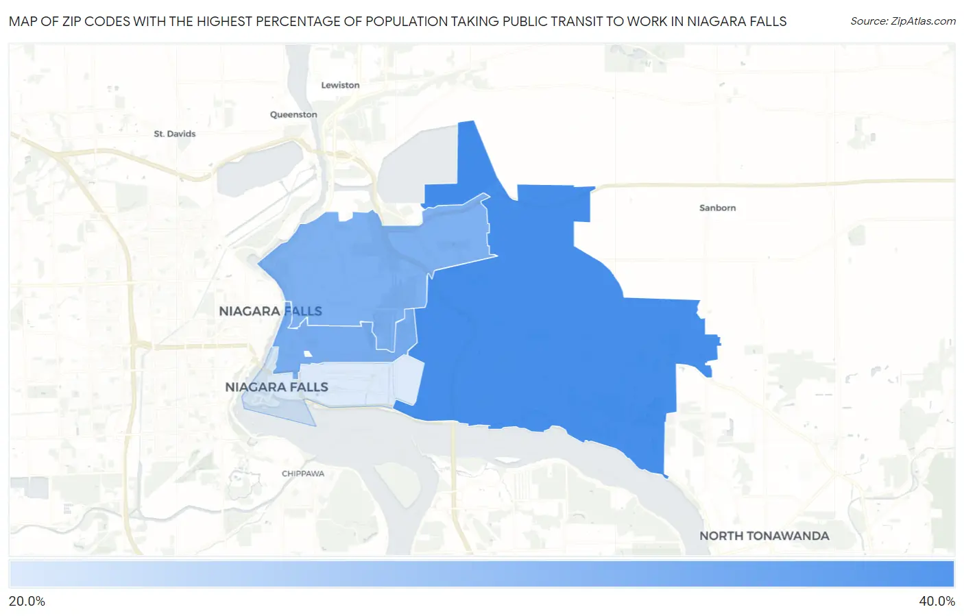 Zip Codes with the Highest Percentage of Population Taking Public Transit to Work in Niagara Falls Map