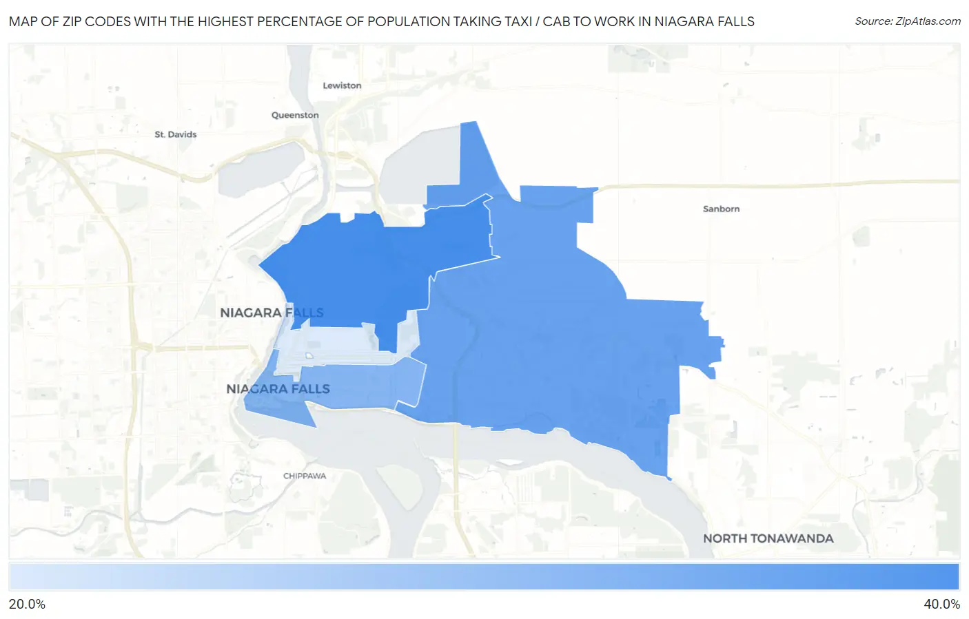 Zip Codes with the Highest Percentage of Population Taking Taxi / Cab to Work in Niagara Falls Map