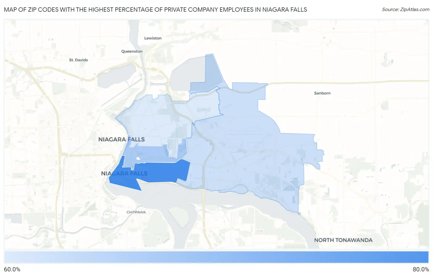 Zip Codes with the Highest Percentage of Private Company Employees in Niagara Falls Map
