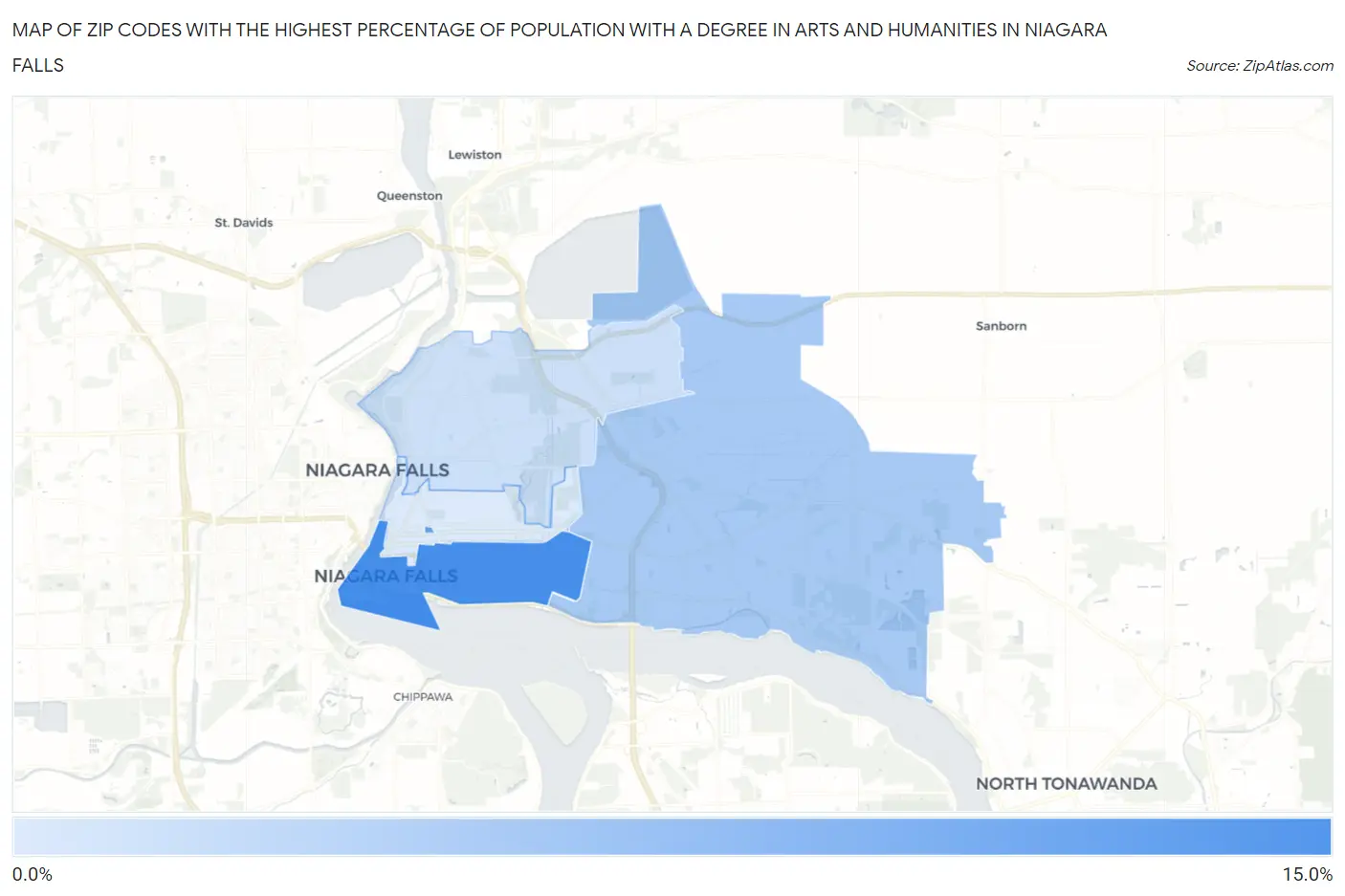 Zip Codes with the Highest Percentage of Population with a Degree in Arts and Humanities in Niagara Falls Map